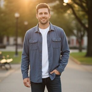 Prana Blue Denim Shacket Cotton Shirt Metal Buttons 2 Pockets Dusty Blue